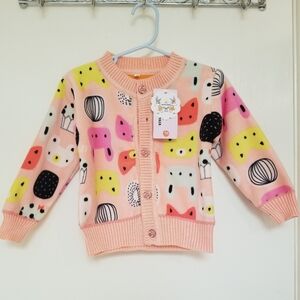 Kids 2t-3t girl cardigan, pink salmon colored with bunnies, cats and foxes